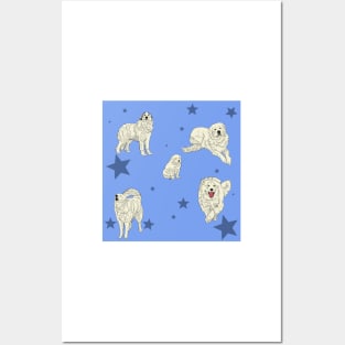 Great Pyrenees Pattern Blue Posters and Art